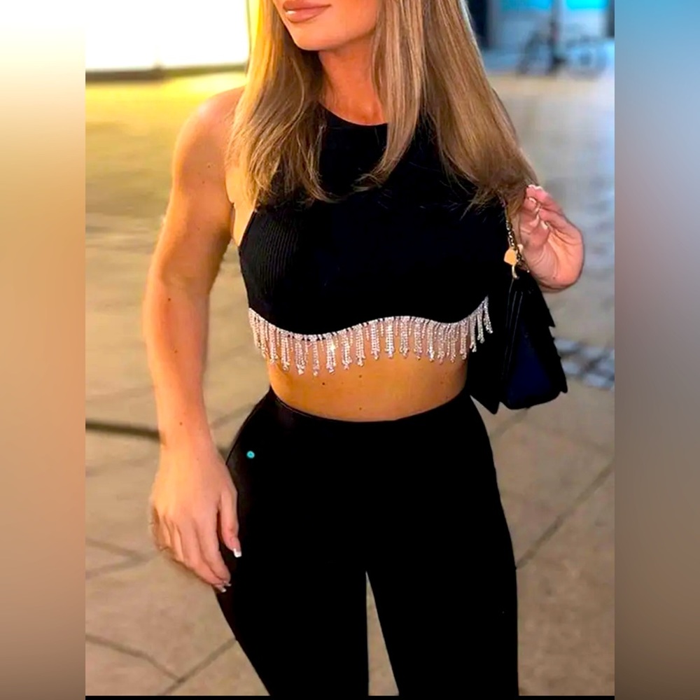 Solid Cropped tank top bling top size L new Black